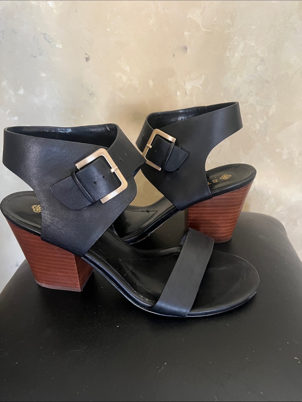 Women’s Black Leather Block Heel Sandals with Buckle Strap